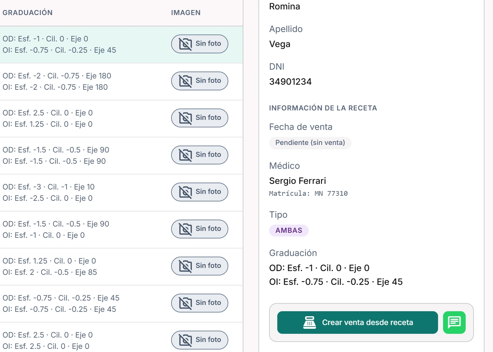 Listado de recetas de Opticore con la graduación de cada paciente y el detalle de una receta abierta