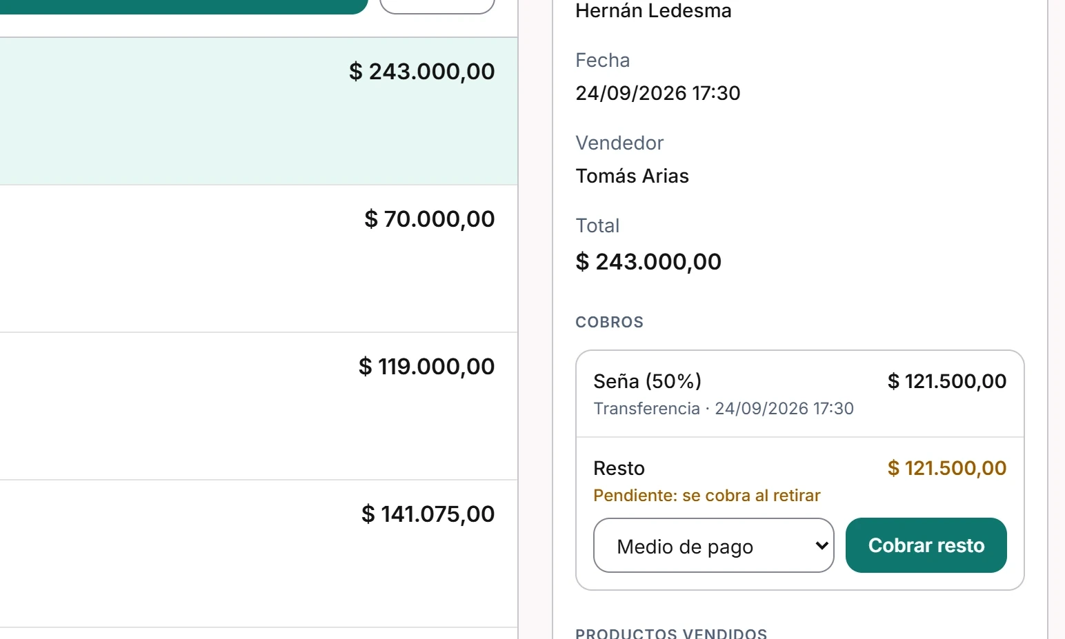 Detalle de una venta de Opticore: seña cobrada y resto pendiente, con el botón para cobrarlo